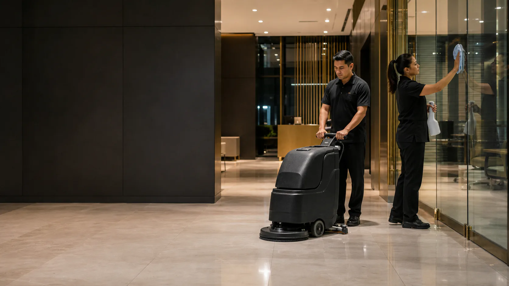Commercial cleaning professionals work in a modern office lobby after business hours