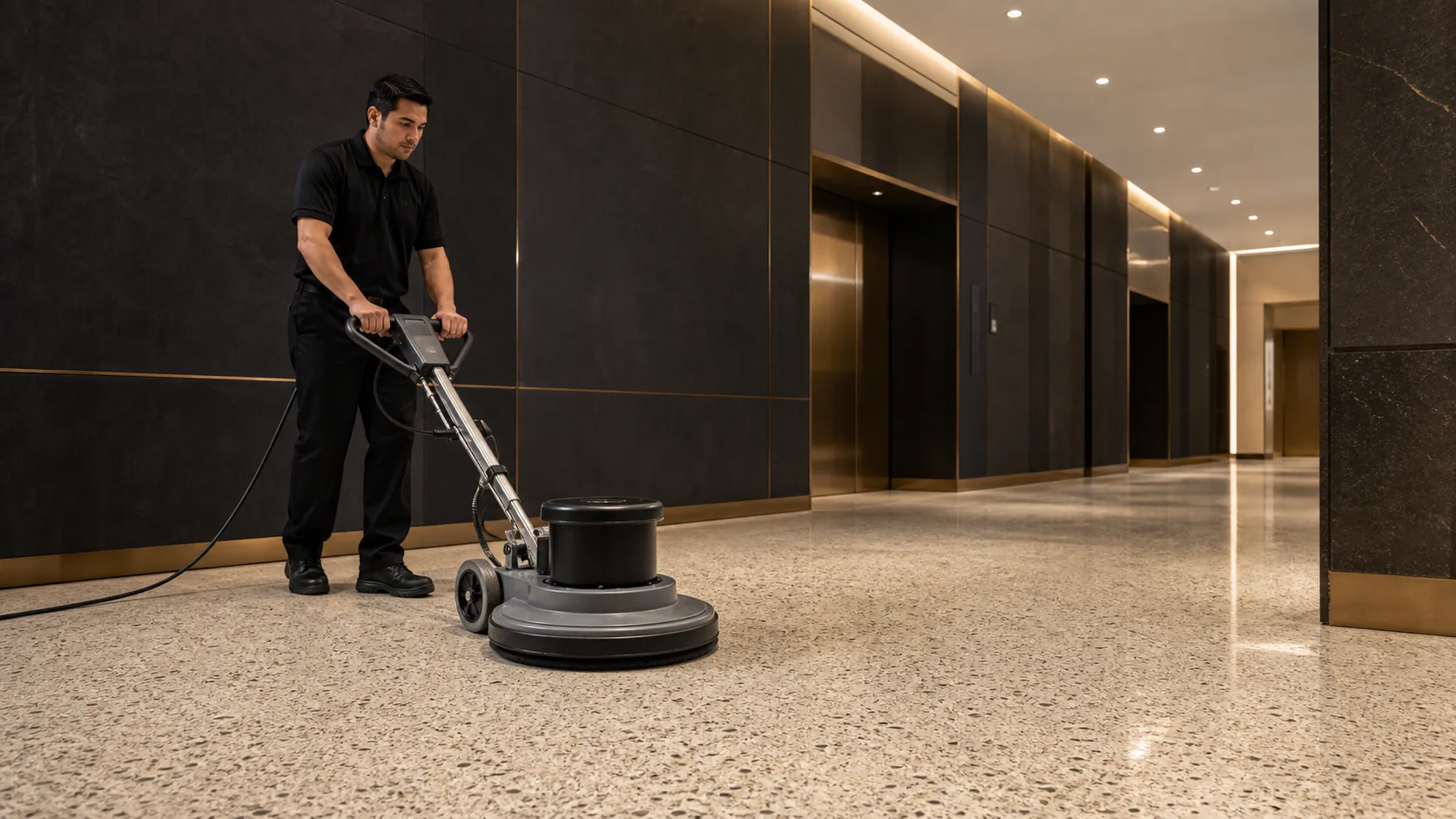A floor care technician operates a commercial burnisher in a modern corridor