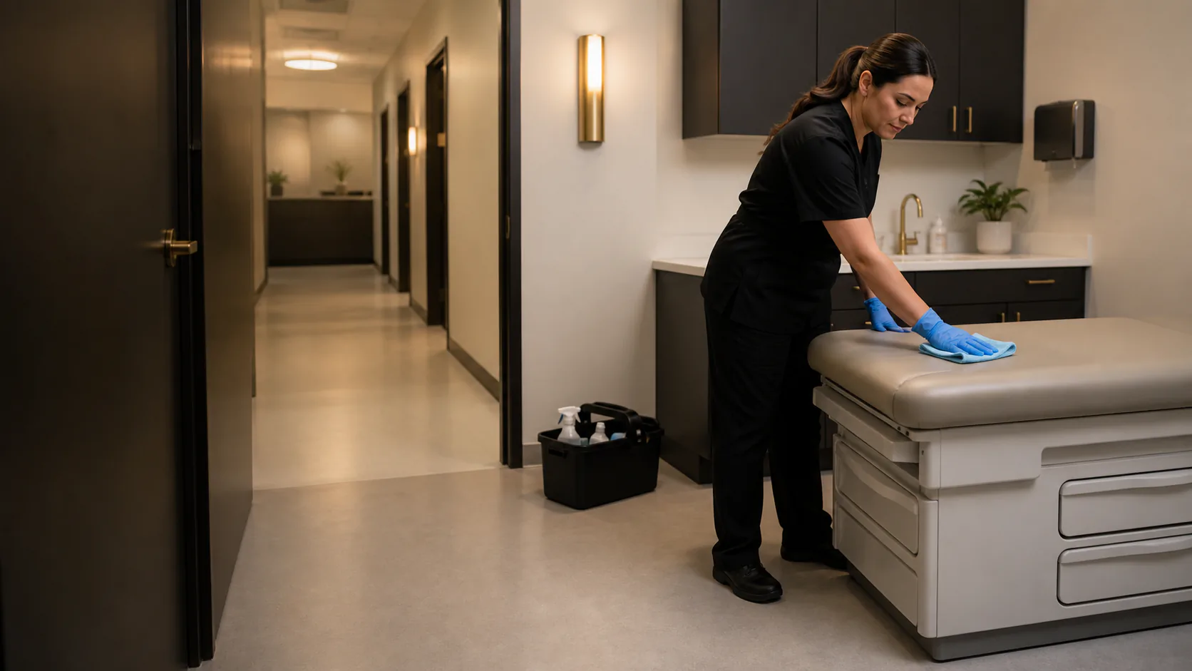A commercial cleaner wipes an exam table in a modern outpatient room