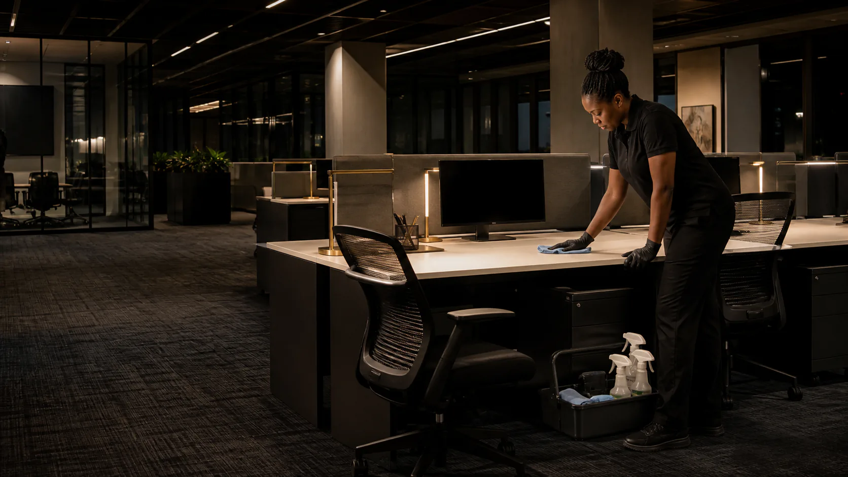 A commercial cleaning professional wipes an empty workstation in a contemporary office