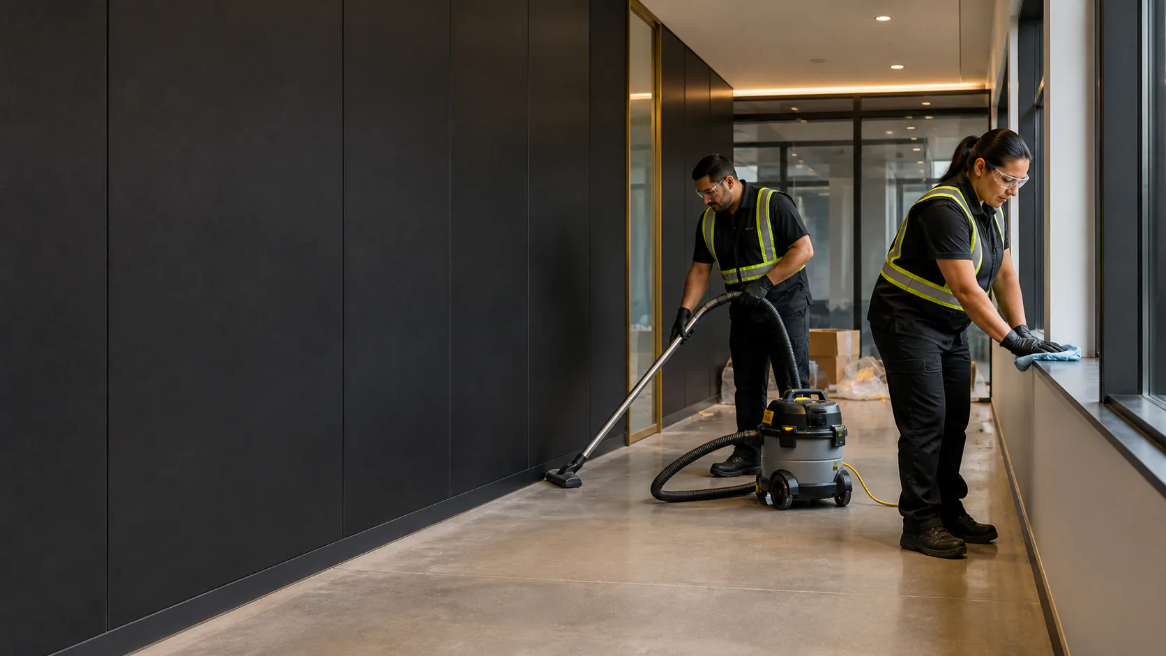 Commercial cleaners remove fine dust from a completed office interior