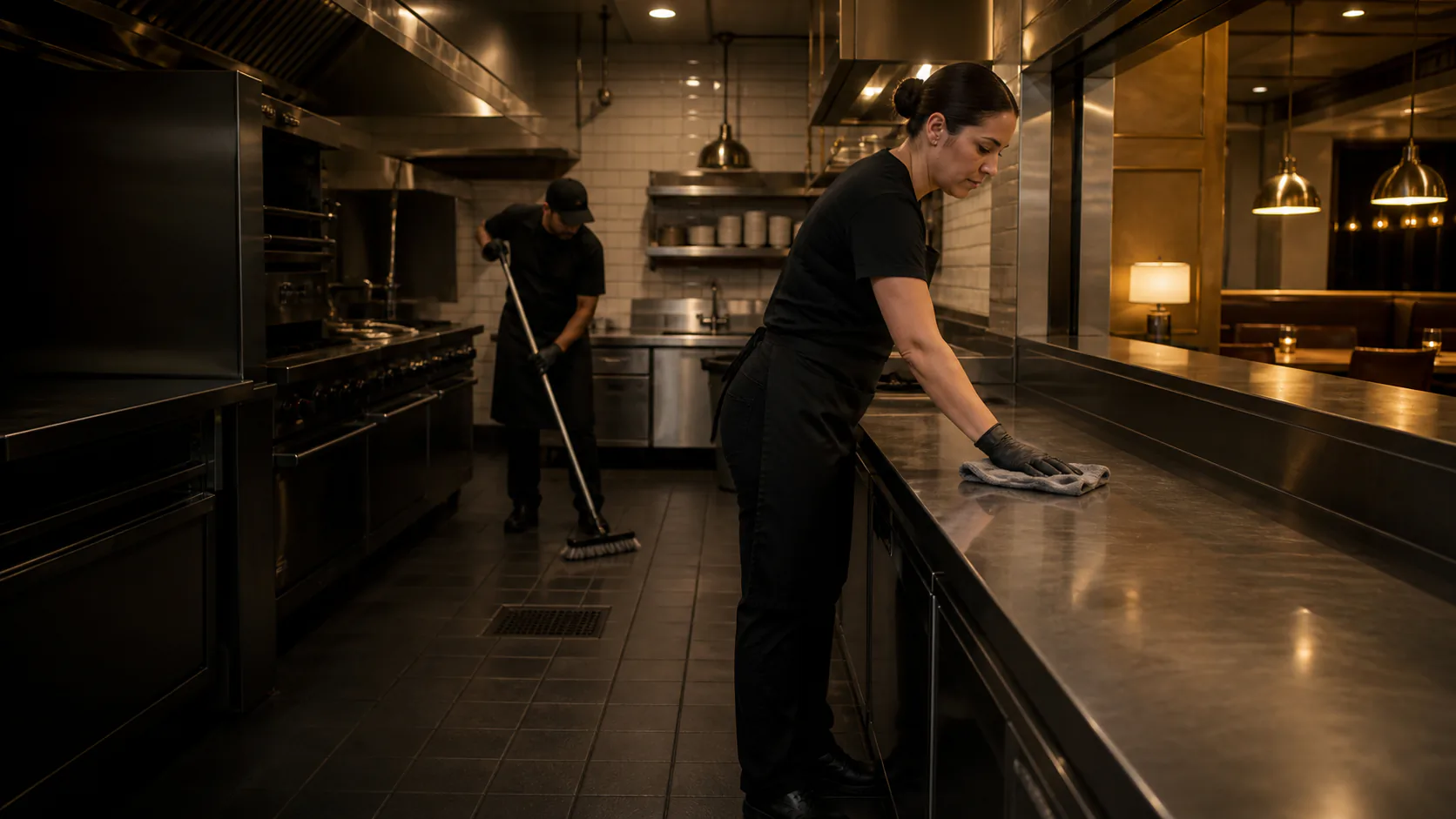 Commercial cleaners detail a restaurant kitchen after closing