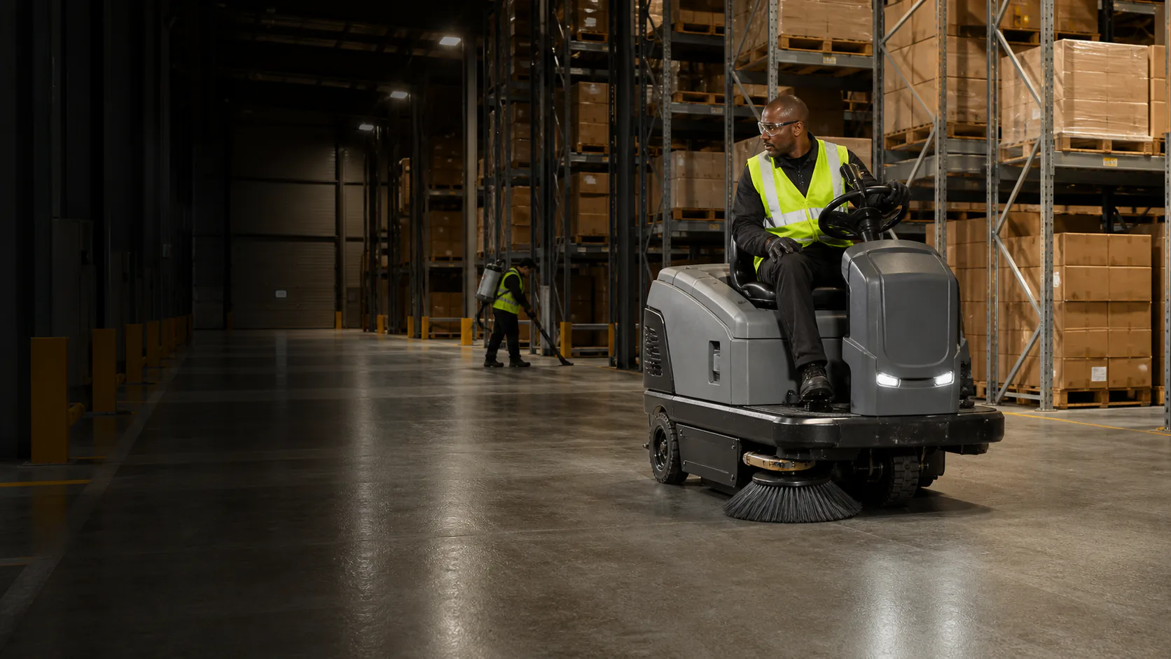 A cleaning technician operates an industrial floor sweeper in a distribution warehouse